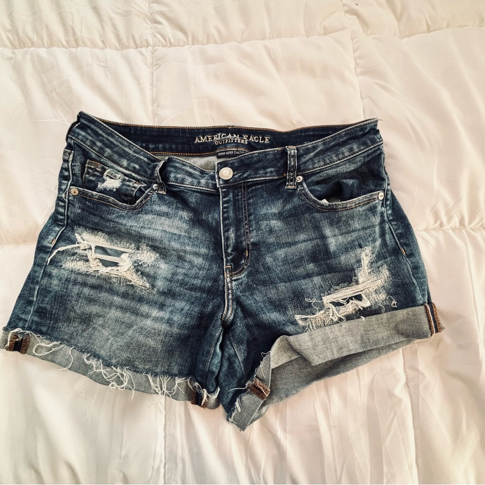 American Eagle Outfitters Women's Ripped Jean Shorts - Dark Blue